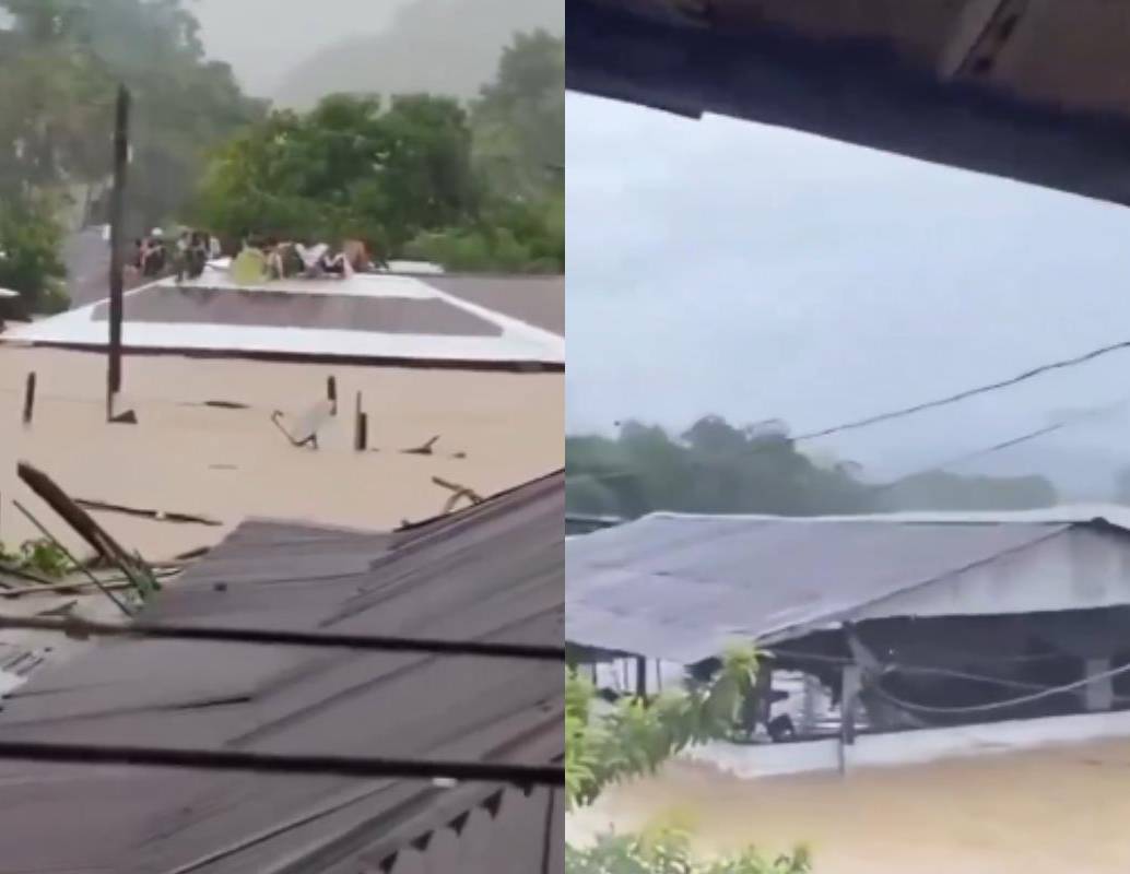 Habitantes del corregimiento de Pueblo Nuevo Regencia, en Montecristo (sur de Bolívar), se refugiaron en los techos de sus viviendas tras el desbordamiento del río Caribona, una de las crecientes más grandes registradas en la zona. FOTO: redes sociales. 