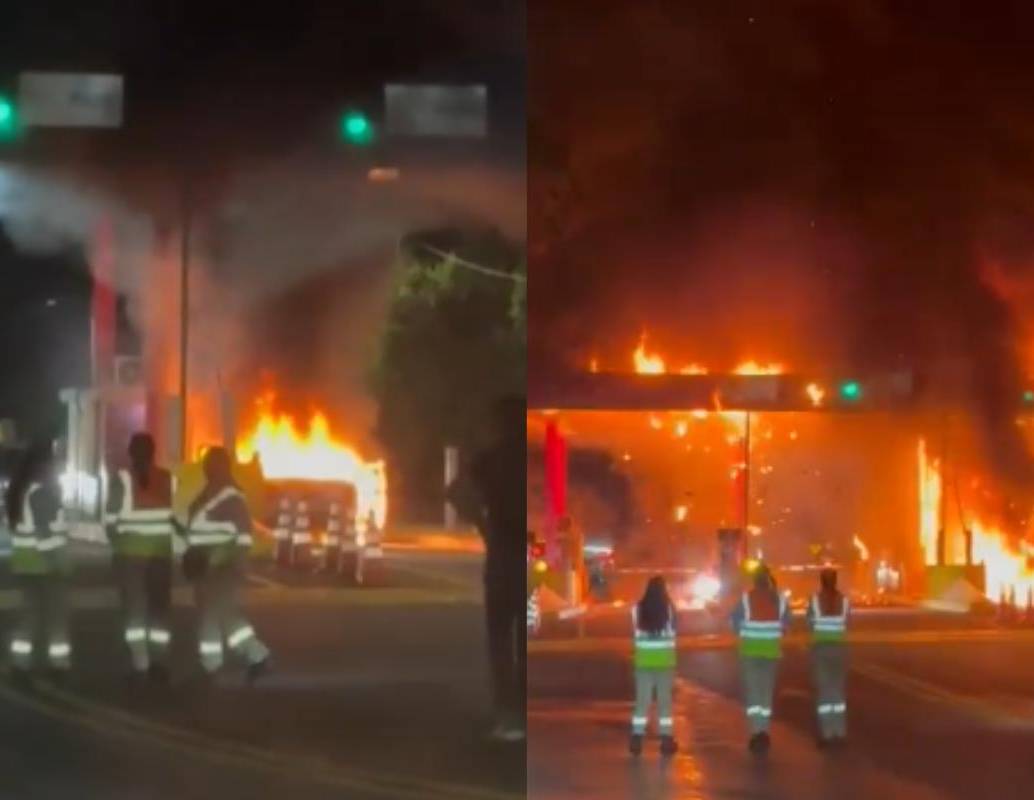 El incendio consumió parte de las casetas del peaje Bicentenario y obligó al cierre total de la vía entre Guaduas y Honda. FOTO: captura de video. 