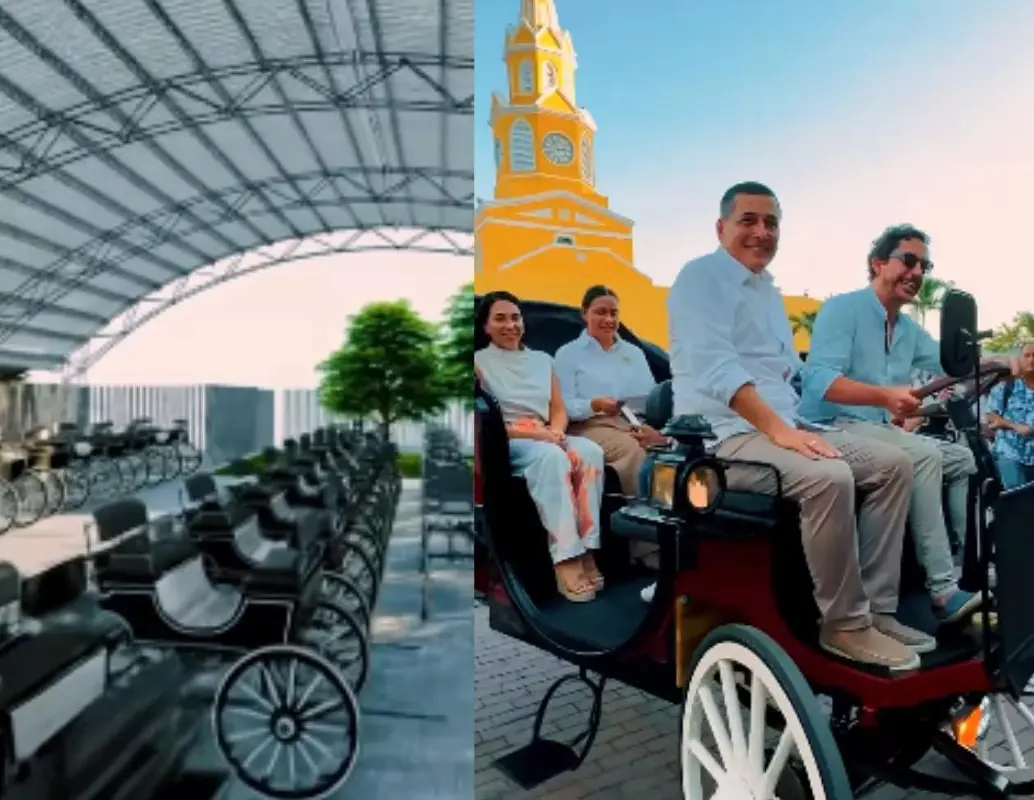 Los nuevos coches eléctricos, fabricados en China y ensamblados en Cartagena, reemplazarán gradualmente a los tradicionales carruajes tirados por caballos en el Centro Histórico. El anuncio fue hecho por el alcalde de la ciudad, Dumek Turbay Paz junto al humorista, Alejandro Riaño. FOTO: captura de video. 