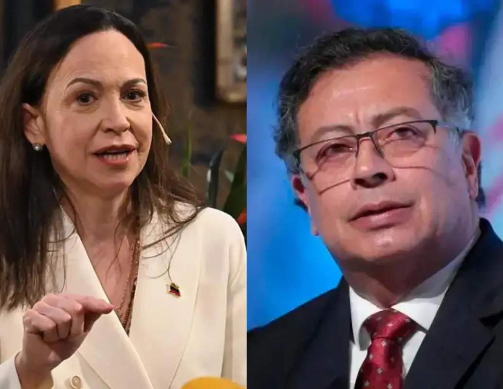 La líder opositora venezolana María Corina Machado durante una intervención en Madrid, donde cuestionó las declaraciones del presidente Gustavo Petro. FOTO: GETTY, COLPRENSA. 