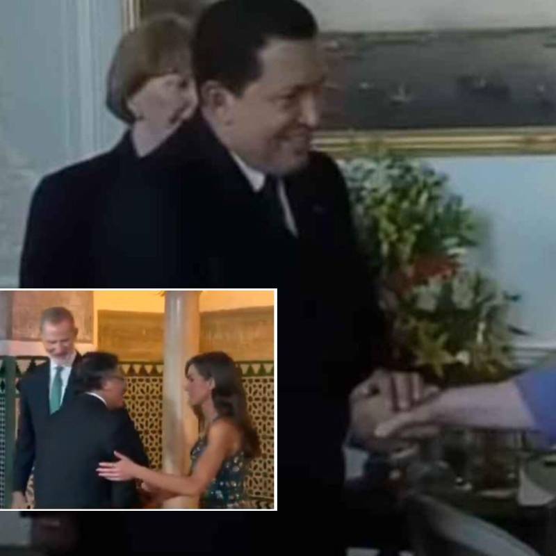 Lo sucedido con Petro fue comparado con un suceso en donde Chávez quiso romper el protocolo para abrazar a la reina Isabel II. Fotos: Capturas de videos 