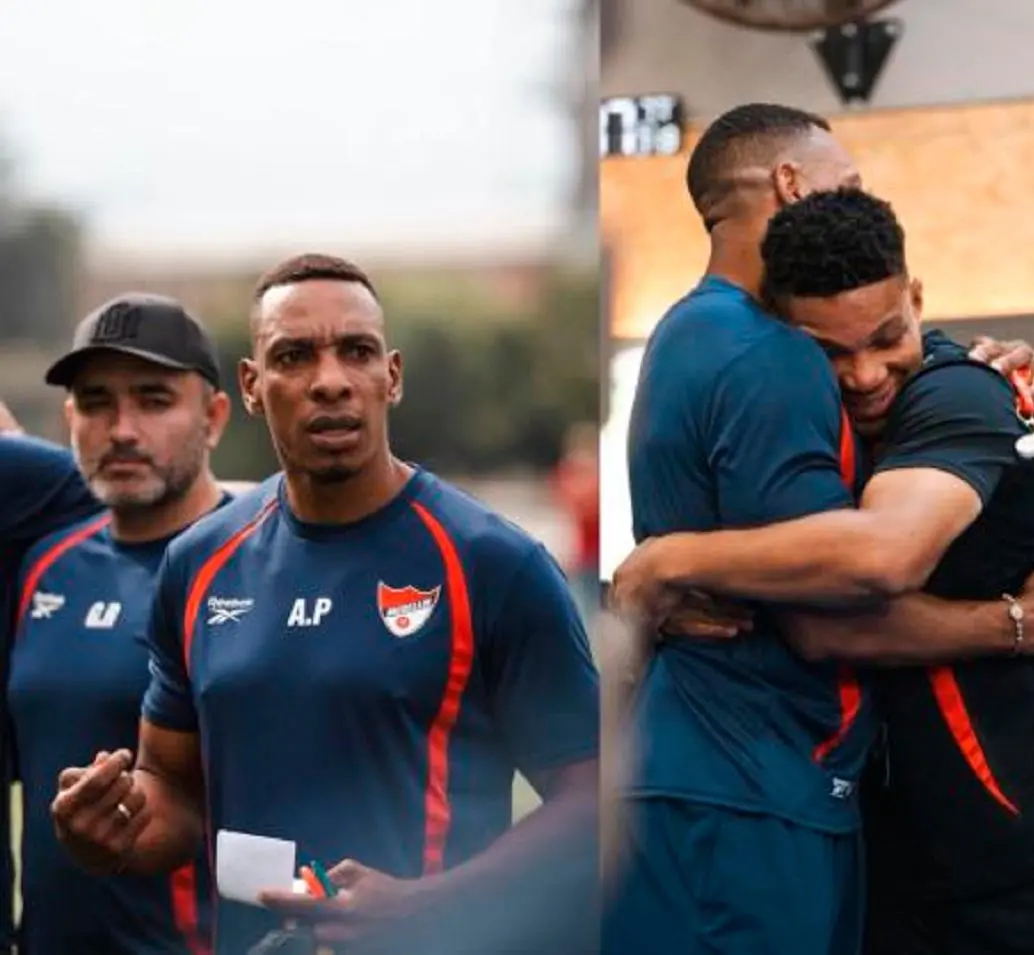 Amaranto Perea llegó para empezar su proceso con el DIM y, como lo muestra la imagen, tuvo un encuentro emotivo con jugadores como Frank Fabra. <span class="mln_uppercase_mln">FOTO</span> <b><span class="mln_uppercase_mln">@DIM_Oficial</span></b>
