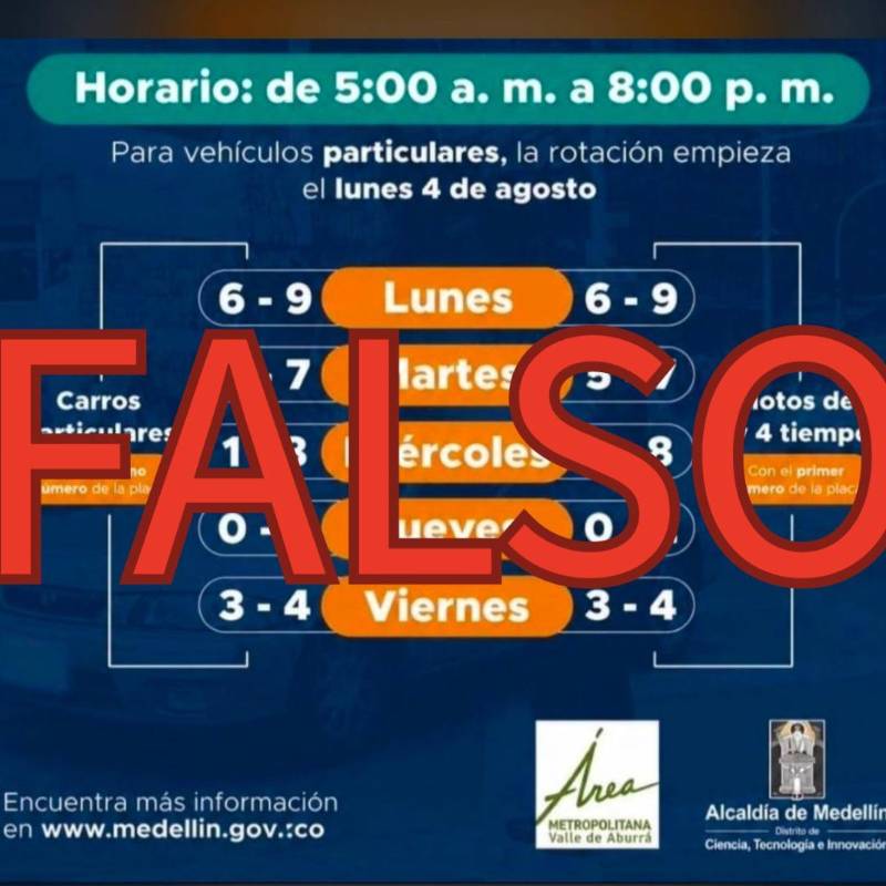 Autoridades en el Valle de Aburrá alertaron sobre la circulación falsa con una supuesta rotación de pico y placa. Pidieron a los ciudadanos no caer en la trampa. 