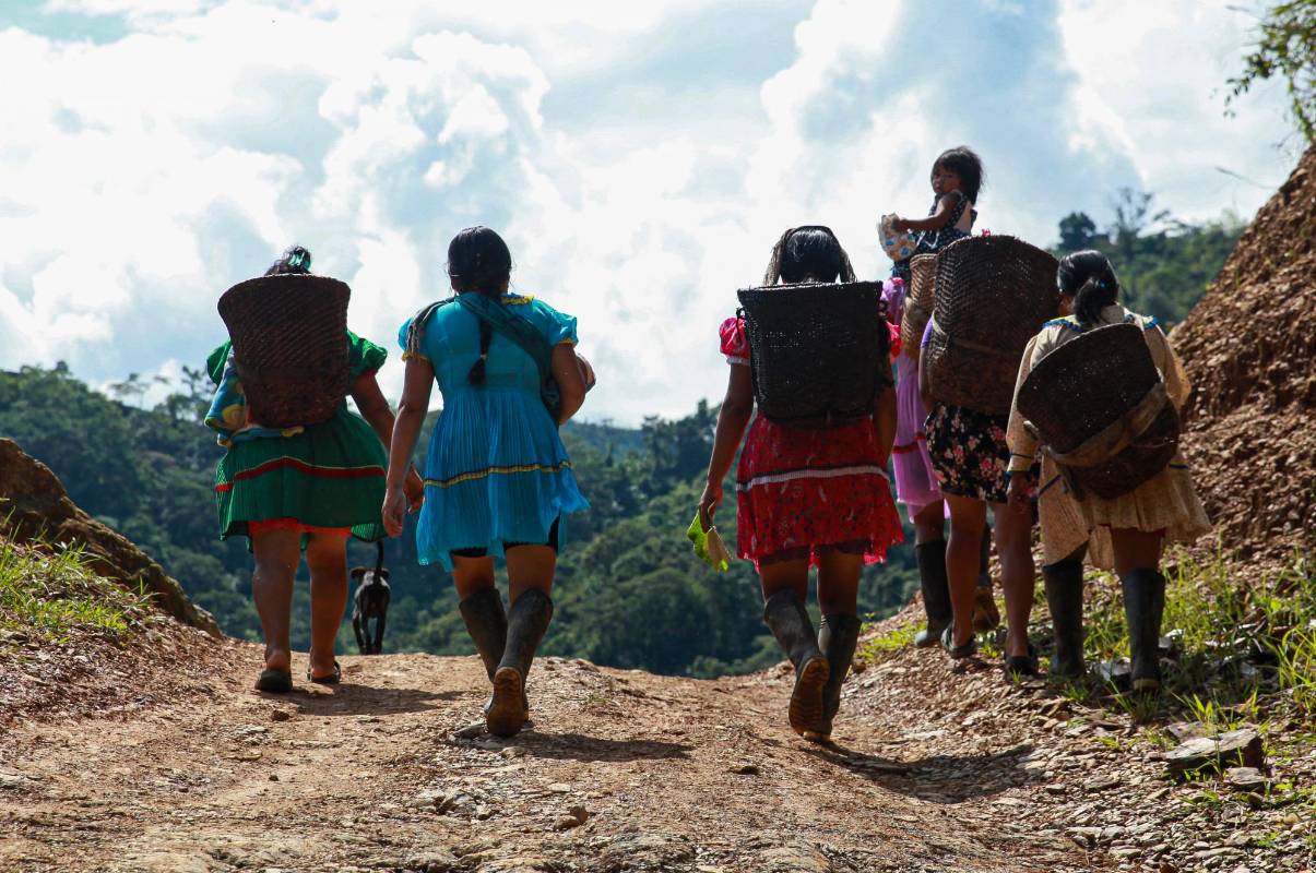 En sus resguardos las mujeres salen a trabajar con bejucos a la espalda en búsqueda de plátano y otros productos alimenticios. Foto: MANUEL SALDARRIAGA QUINTERO.