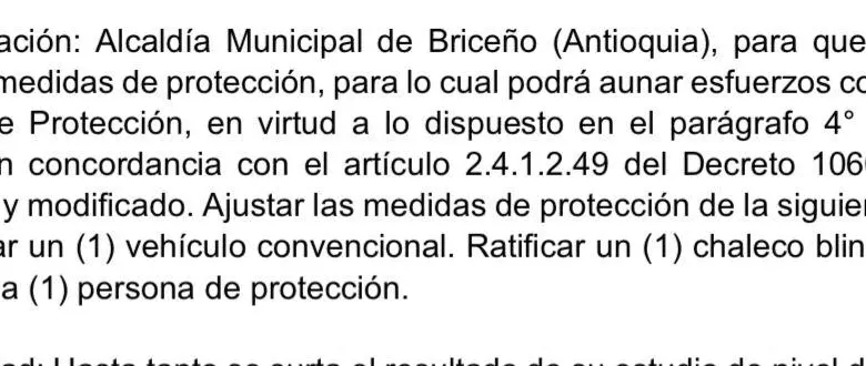 El apartado de lo que dijo la Unidad Nacional de Protección ante la solicitud del alcalde de Briceño quien teme por su vida. FOTO Cortesía. 