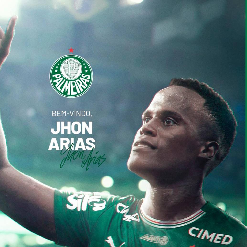 Jhon Arias, de 28 años, llega a Palmeiras, séptimo club que representa tras Llaneros, Patriotas, América, Santa Fe, Fluminense y Wolverhampton. FOTO CAPTURA X-PALMEIRAS