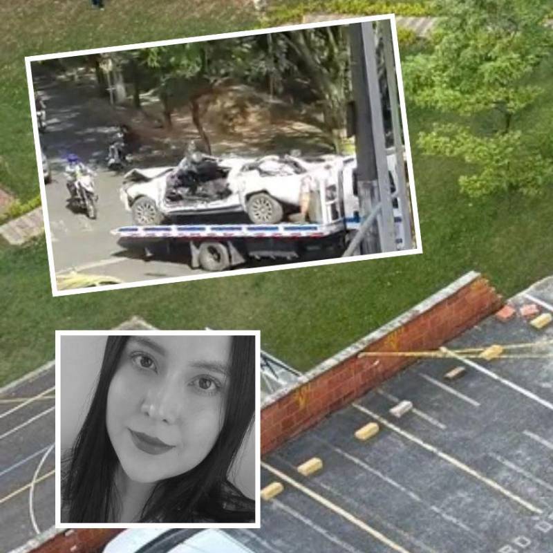 Verónica David Tuberquia (detalle, abajo), de 29 años, murió luego de que su carro golpeara contra el muro del parqueadero de su unidad en la Loma de los Bernal y cayera al vacío cuatro pisos. FOTOS: CORTESÍA 