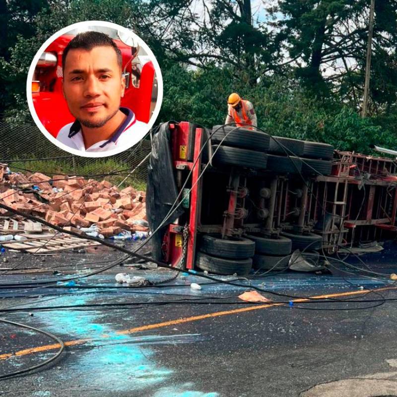 Alejandro Riaño Díaz (detalle), de 34 años, era el conductor de este tractocamión, que se volcó en la Loma de los Balsos, en Medellín, luego de desviarse de la autopista Medellín-Bogotá por un cierre. FOTOS: Cortesía