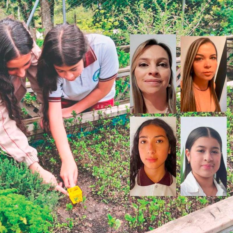 Con la huerta que tienen en la Institución Educativa Rural Dolores e Ismael Restrepo se ha fortalecido el aprendizaje de matemáticas en este colegio. Por este proyecto irán a Dubái las docentes (arriba) Mónica Alejandra Castaño Cuervo (izq.) y Yulieth Mileydi Franco Rendón (der.) y las estudiantes (abajo) Isabela Suárez Buitrago (izq.) y Guadalupe Buitrago Marín (der.). FOTOS CORTESÍA