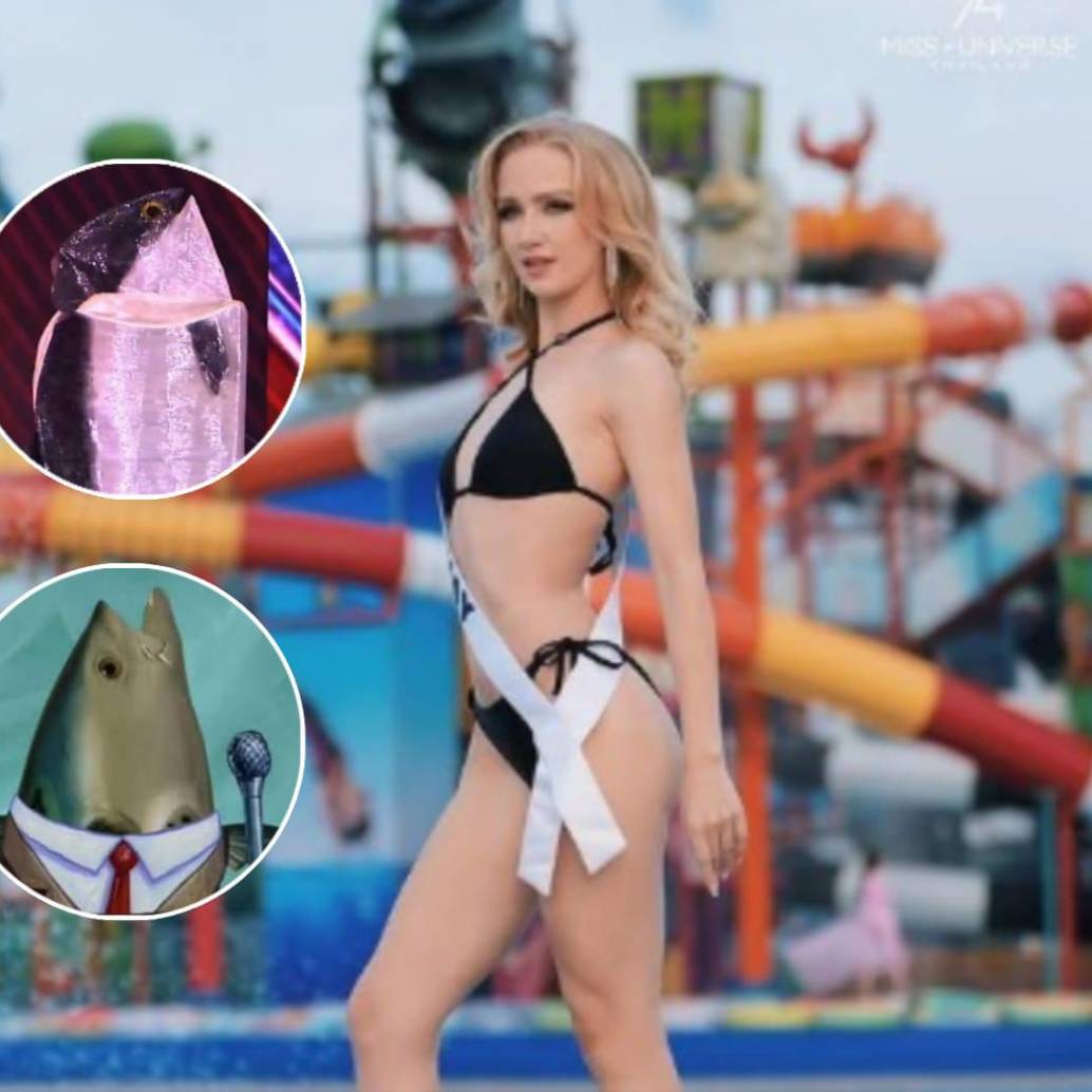 El traje de Miss Noruega, inspirado en el salmón —uno de los productos estrella de la industria noruega— generó memes y comparaciones con Bob Esponja en redes sociales durante el Miss Universo. FOTO: redes sociales. 
