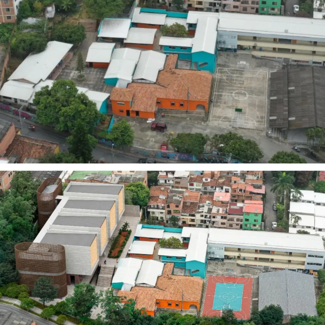 Arriba, estado actual del colegio de Robledo a intervenir. Abajo, posible diseño final de las obras adjudicadas. FOTO: Cortesía