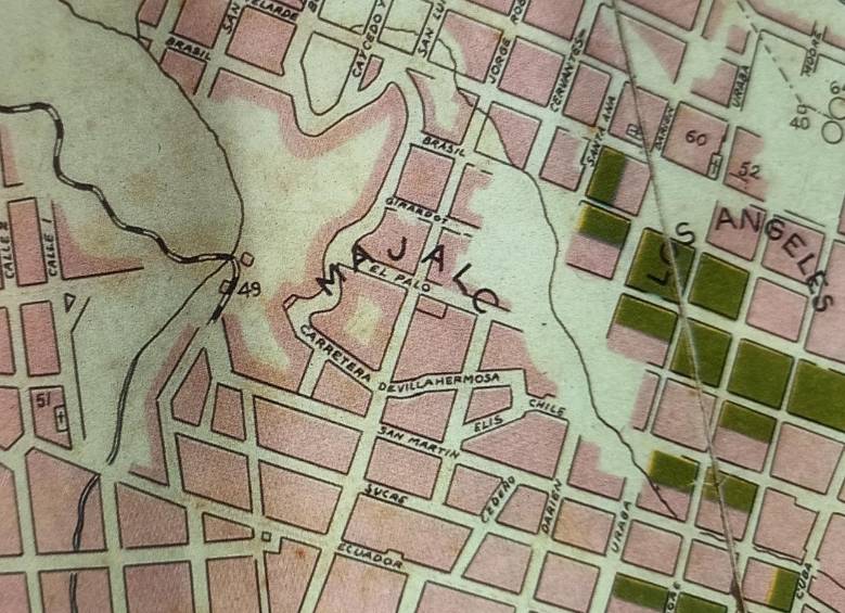 El barrio Majalc colindaba en el norte con Manrique, al sur con Los Ángeles, al oriente con Villa Hermosa y al occidente con Prado. El barrio se perdió durante los años subsiguientes. FOTO: Mapa de Medellín de 1932 de la Biblioteca de la Universidad de Antioquia.