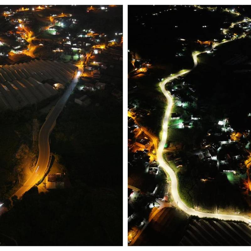 El antes y el después de uno de los tramos, tras ser iluminado con luces LED. FOTO: Cortesía Gobernación