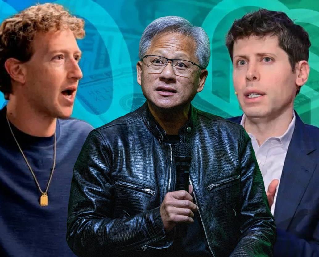 La inteligencia artificial marca la parada para saber cuáles son las empresas más valiosas del mundo. En la imagen Mark Zuckerberg, director ejecutivo de Meta; Jensen Huang CEO de Nvidia; y Sam Altman, CEO de OpenAI. FOTO: Getty.