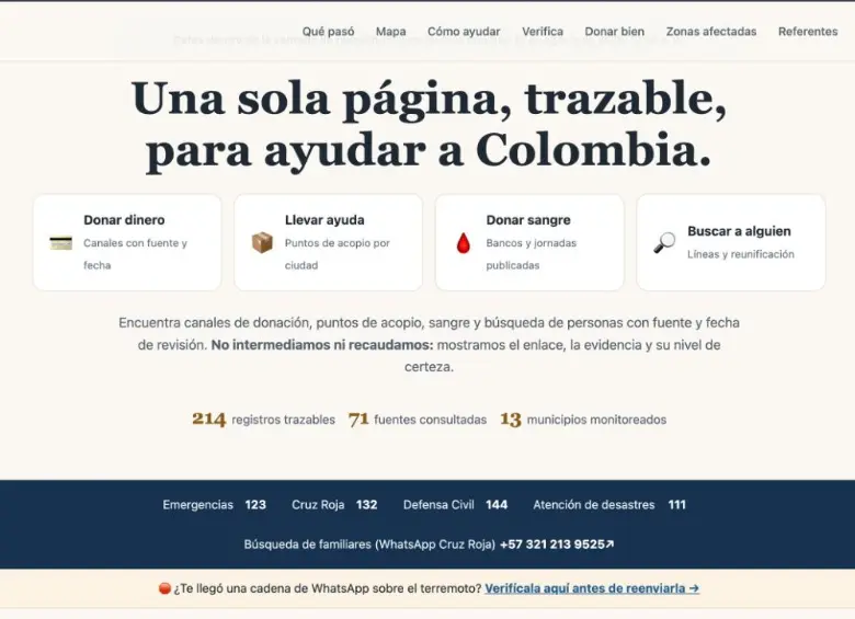 La página Cuidar a Colombia, para ayudar en el terremoto, dice su creador, no tiene un equipo contratado ni presupuesto ni patrocinador: está montada sobre servicios gratuitos y el código es abierto. Foto: Cortesía.