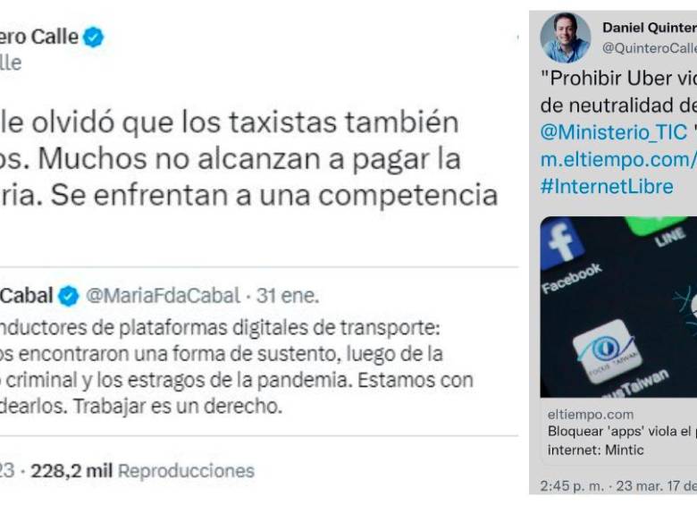 Trinos en los que el alcalde de Medellín se contradice. FOTOS: tomadas de la red social Twitter.