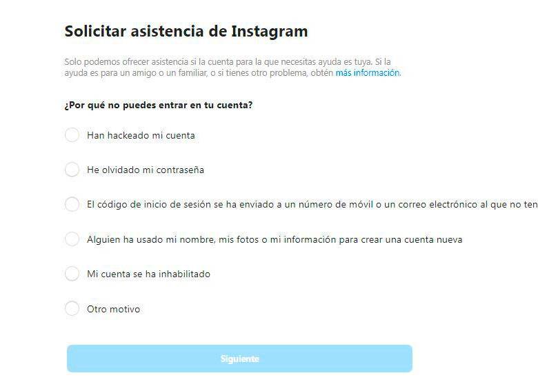 Formulario para reportar robo de la cuenta de Instagram. FOTO Captura de pantalla 