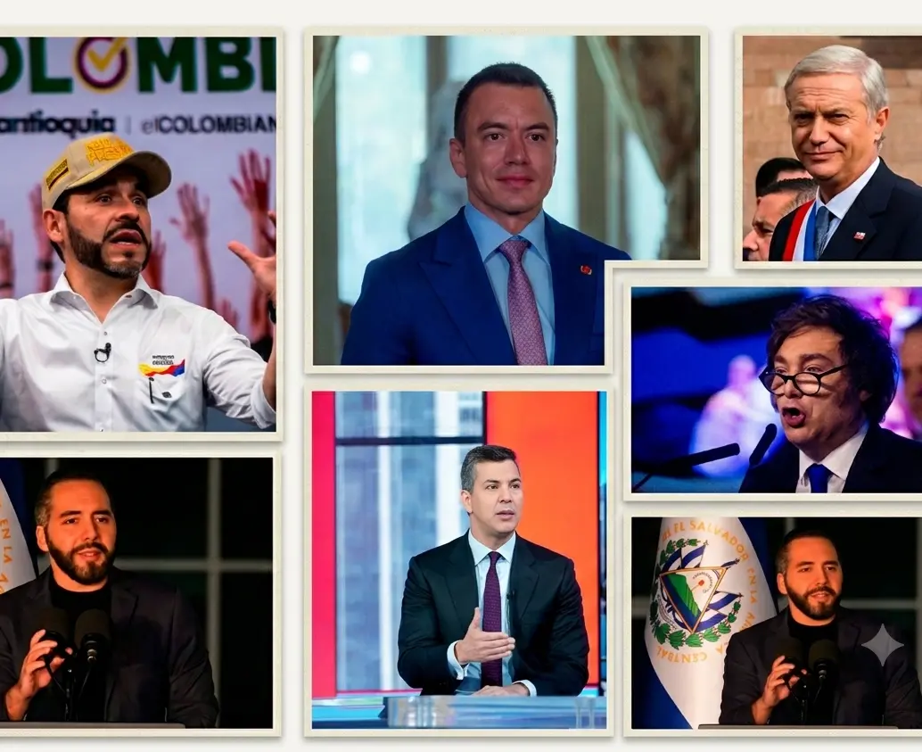 En la fotografía, algunos de los gobernantes de la nueva derecha: Abelardo de la Espriella, Nayib Bukele, Daniel Noboa, Santiago Peña y José Antonio Kast. 