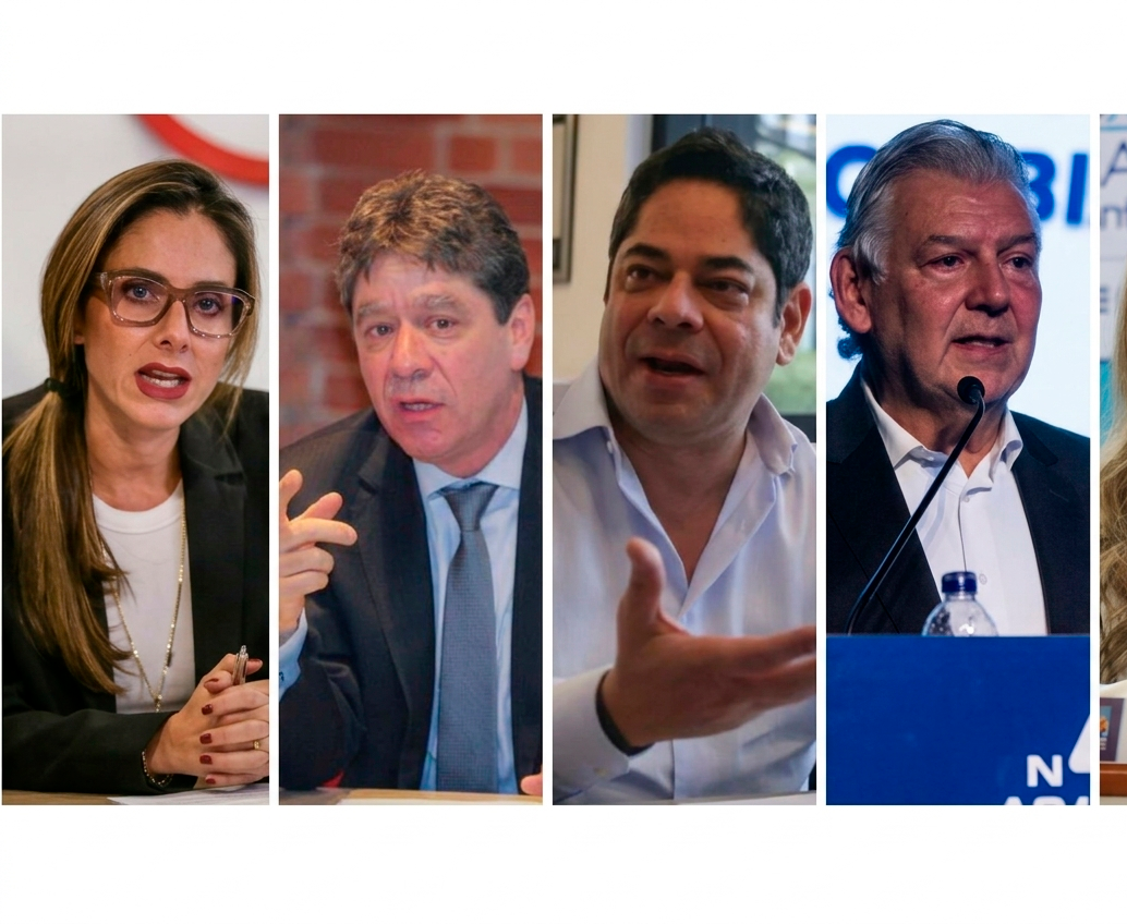 Los principales gremios del país reconocieron los resultados electorales y manifestaron su disposición de trabajar con el nuevo Gobierno. De izquierda a derecha: Natalia Gutiérrez (Acolgen y Consejo Gremial); Bruce Mac Máster (ANDI); Guillermo Herrera (Camacol); Jaime Cabal (Fenalco) y Paula Cortés (Anato). FOTO: EL COLOMBIANO Y CORTESÍA