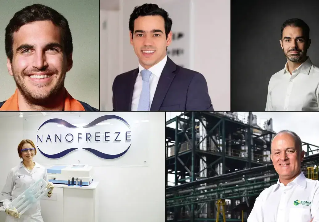 Imagen arriba: José Gedeón, cofundador de Cobre; Luis Alberto Rodríguez, fundador de Dapper; y Santiago Suárez, cofundador de Addi. Imagen abajo: Isabel Pulido, fundadora de NanoFreeze y Mauricio Velásquez, presidente de Sucroal. Foto: Forbes Colombia.