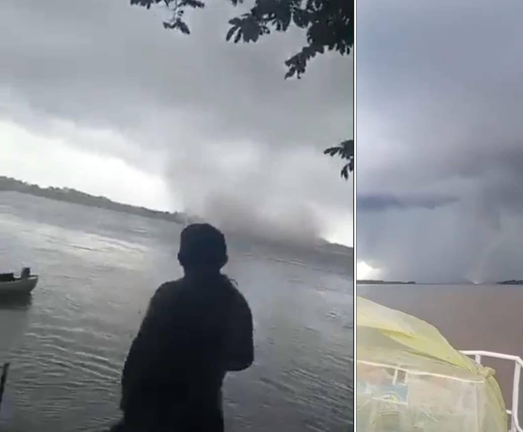 Una tromba marina se formó sobre el río Meta, sorprendiendo a los habitantes del municipio de Orocué, en el departamento de Casanare.FOTOS: Capturas de videos del fenómeno.