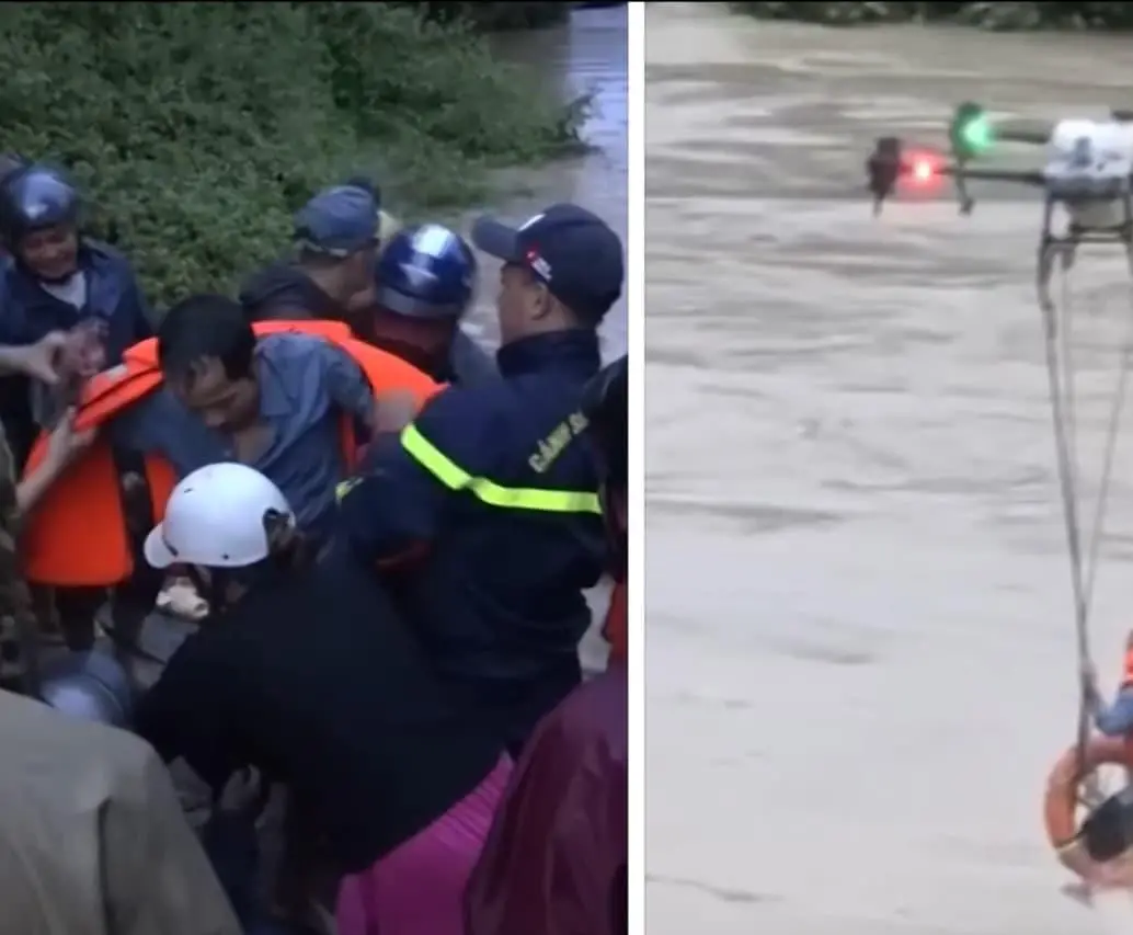 Nguyen Van Hat fue rescatado con un dron en medio de las inundaciones en Vietnam. FOTO: Captura de video - <i>CNN</i>