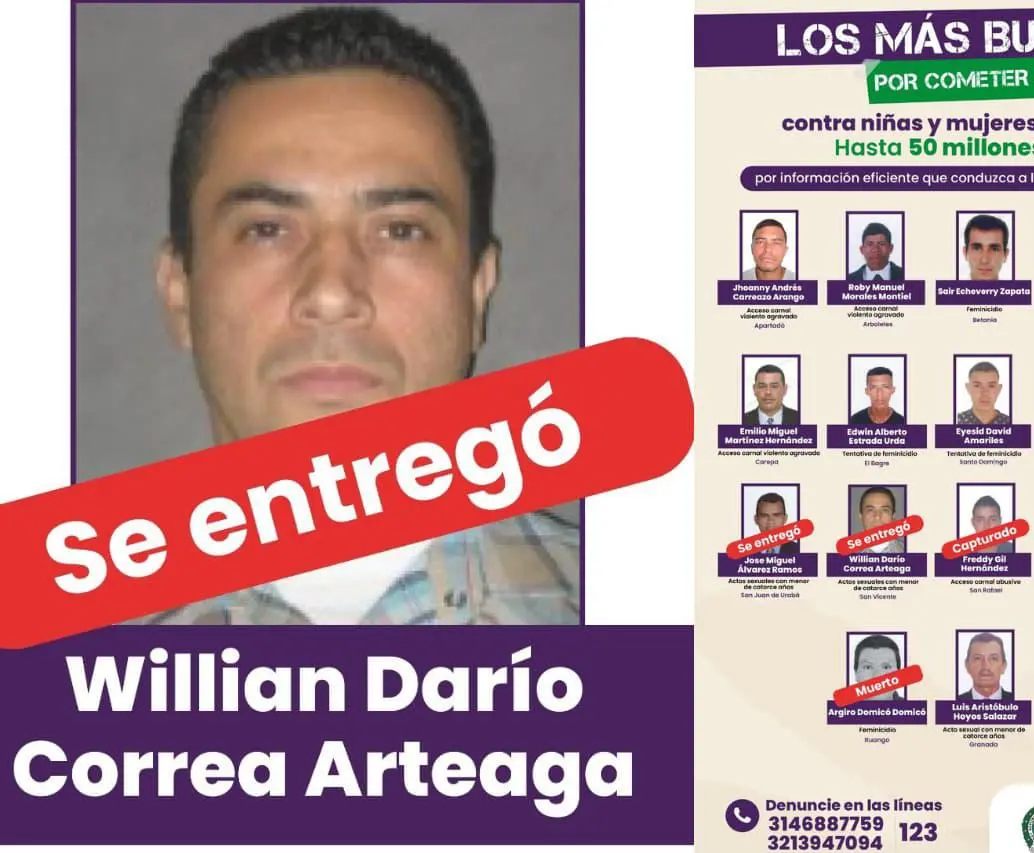 Se entregó William Darío Correa Arteaga, de 58 años, ante las autoridades luego de figurar en un cartel de los más buscados en Antioquia por delitos sexuales. FOTOS: Gobernación de Antioquia