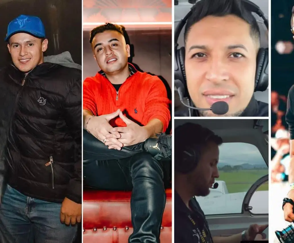 Jefferson Osorio, Juan Manuel Rodríguez, Oscar Marín (arriba), Hernando Torres (abajo) y Weisman Mora acompañaban a Yeison Jiménez en la avioneta durante el accidente. FOTOS: Tomadas de las redes sociales