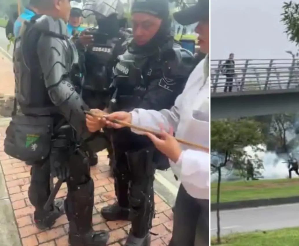 Protesta frente a la Embajada de Estados Unidos en Bogotá dejó a cuatro policías heridos. FOTOS: Capturas de video 