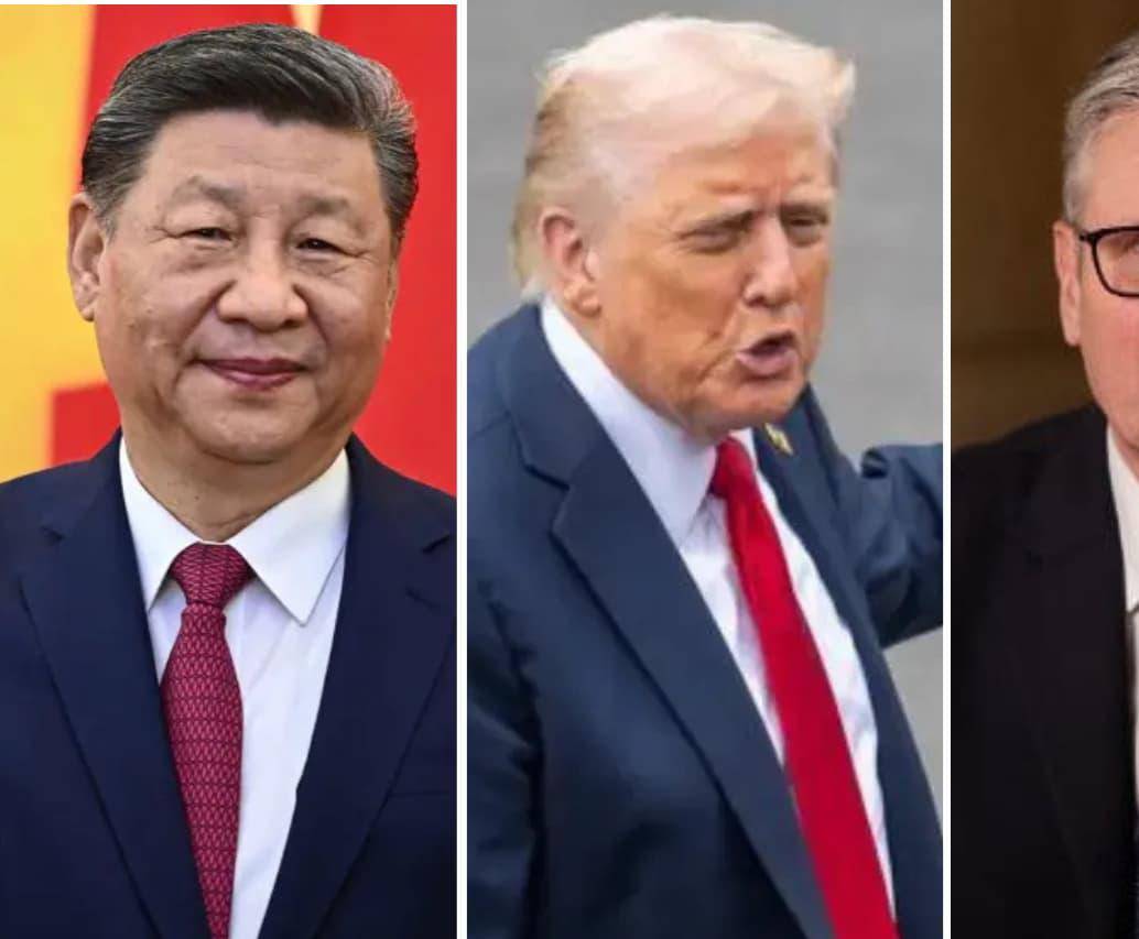 (De izquierda a derecha) Los líderes Xi Jinping (China), Donald Trump (Estados Unidos) y Keir Starmer (Reino Unido) pidieron a sus connacionales que salgan de Irán de inmediato. FOTOS: Tomada de redes sociales - XINHUA - 