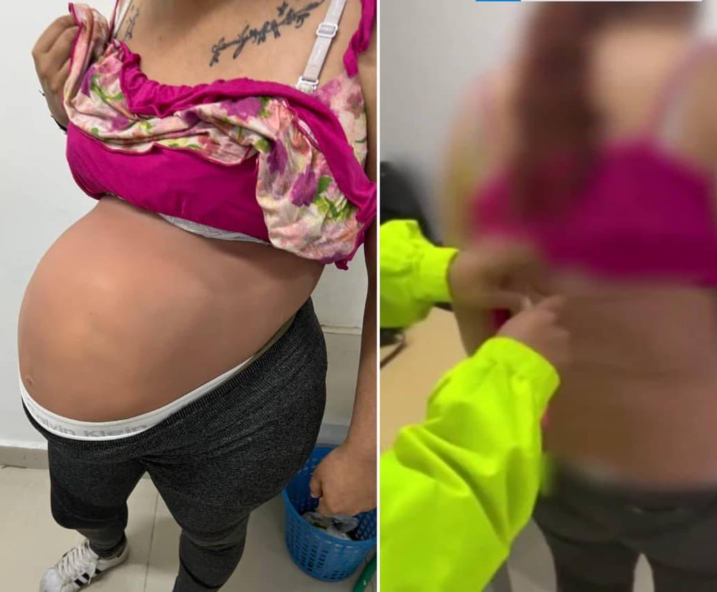 Una mujer fue capturada con 5.600 dosis de cocaína camuflada en su vientre. FOTOS: Policía Metropolitana de Santiago de Cali.