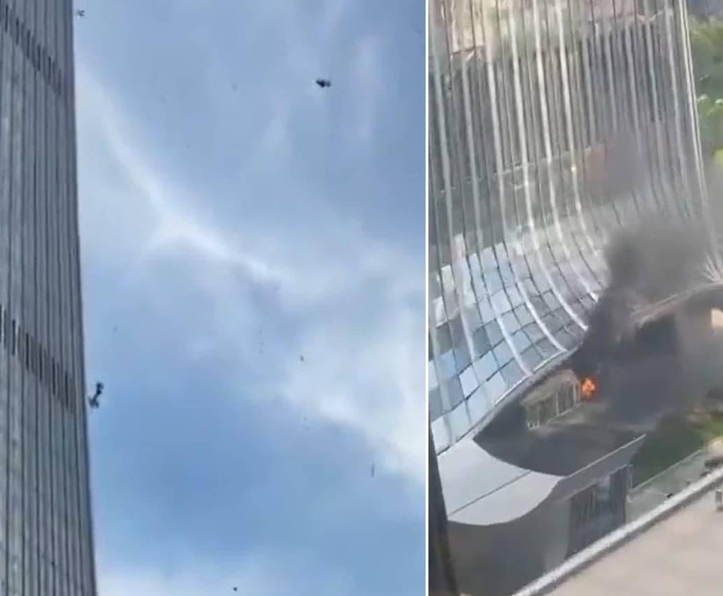 Restos de un avión ligero cayeron sobre la torre China Zun, en China. FOTOS: Capturas de video @visegrad24