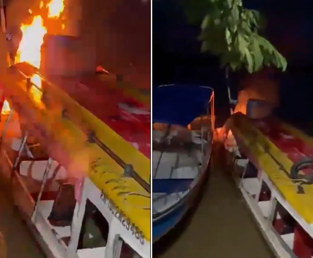 Incendio en embarcación del Bajo Cauca antioqueño durante la jornada electoral del 21 de junio de 2026. FOTOS: Capturas de videos - red social X