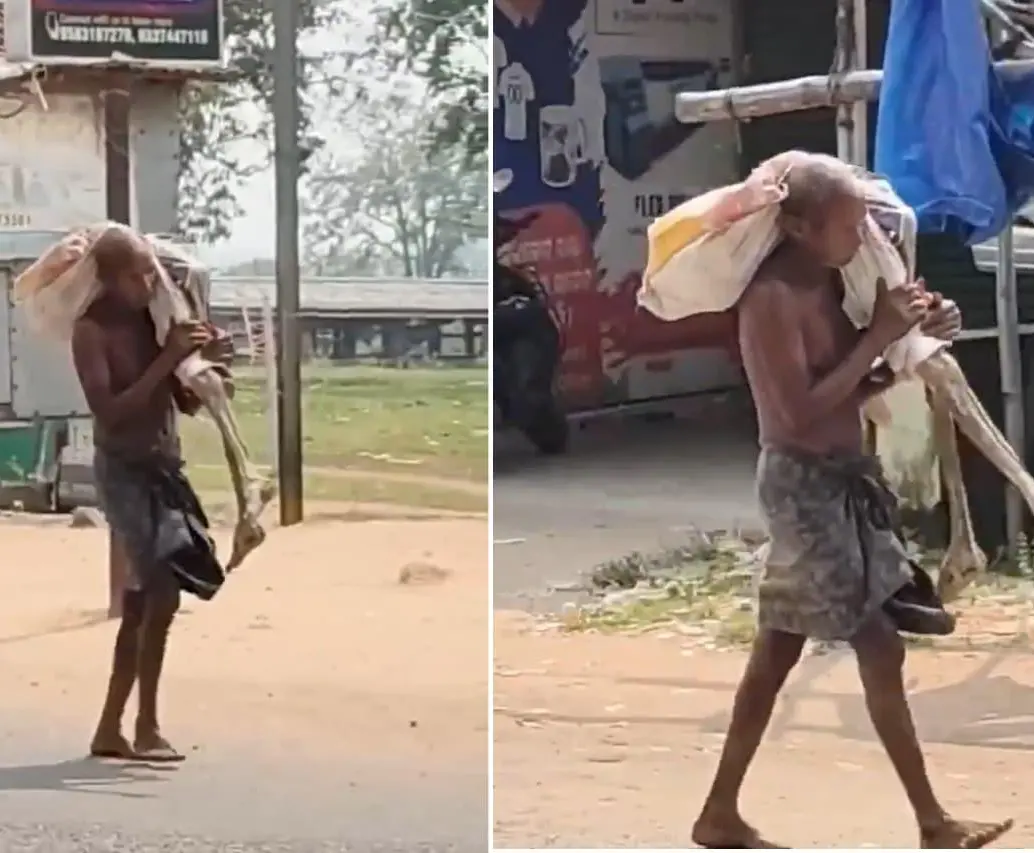 La imagen de Jeetu Munda llevando el cadáver de su hermana a un banco en India. FOTOS: Capturas de video