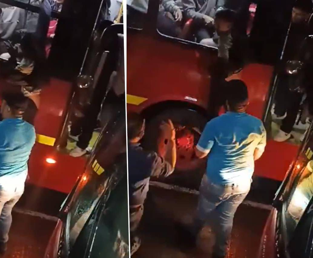 Así fue como colgaron a un presunto ladrón en el Transmilenio de Bogotá. FOTOS: capturas de video 