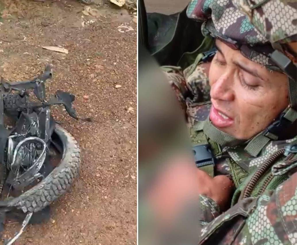 Dos soldados terminaron en heridos tras la detonación de una motobomba en Calamar, Guaviare. FOTOS: Tomadas de redes sociales - @GuaviareEstereo