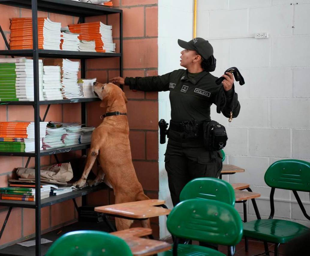 La requisa a las instalaciones escolares ayudada por perros es uno de los componentes de la campaña. FOTO: ALCALDÍA DE RIONEGRO