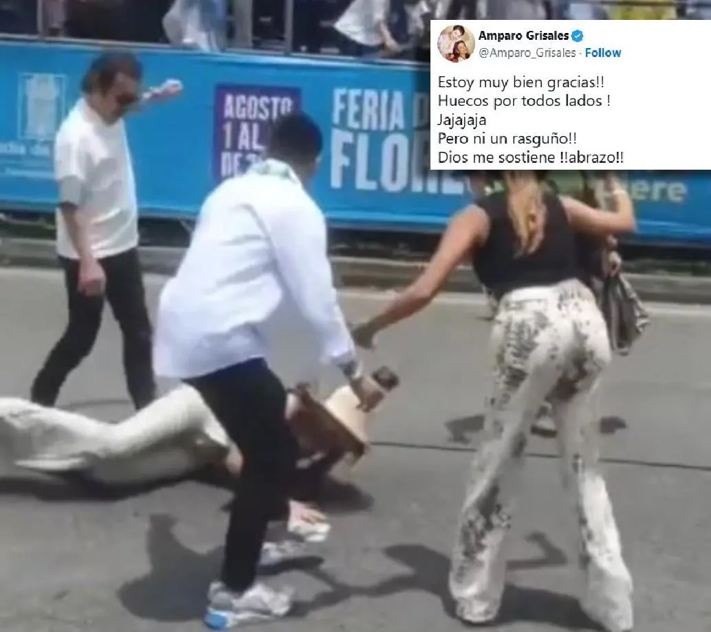 Amparo Grisales, conocida como la “diva de Colombia”, sufrió una caída durante el Desfile de Silleteros, pero afrontó el tema con humor. FOTO redes sociales