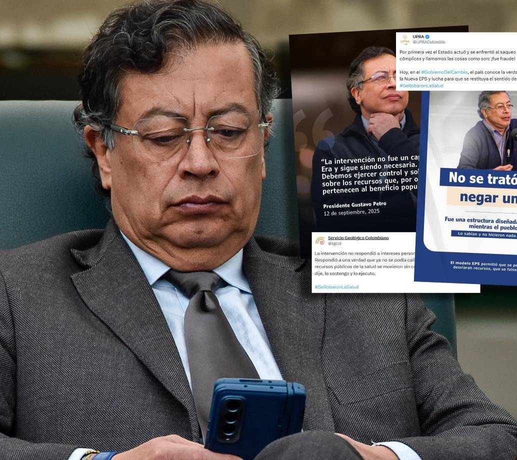 Estas son algunas de las publicaciones del Servicio Geológico Colombiano y de la UPRA en la red social X, replicando mensajes presidenciales sobre la intervención a Nueva EPS. FOTO Colprensa-El Colombiano