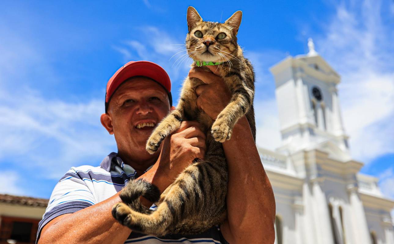 Se deja tocar y cargar de los habitantes del pueblo que pasan a saludarlo por el parque casi todo los días. Foto: Manuel Saldarriaga Quintero.