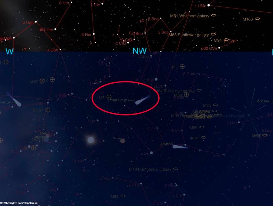 Esta es la trayectoria del cometa C/2025 V1 (Borisov). FOTO cortesía The Sky