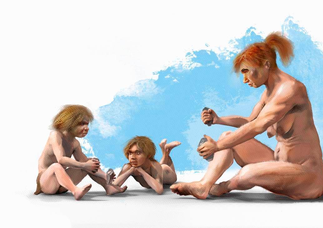 Una mujer neandertal enseñando a los niños de la comunidad a tallar. Imagen J. A. Peñas, SINC