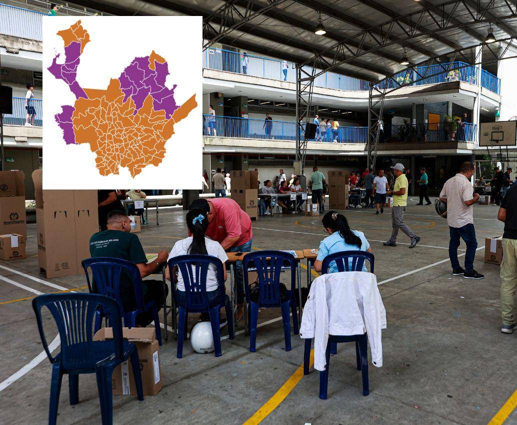 Los antioqueños ratificaron su preferencia por el candidato de derecha en la mayoría del departamento (naranja). Subregiones como el Urabá, el Nordeste, Norte y el Bajo Cauca (púrpura) hubo municipios en los que la preferencia fue por Iván Cepeda. FOTO: MANUEL SALDARRIAGA.
