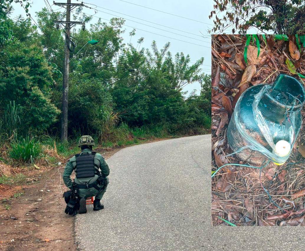 Este fue el cilindro que encontraron las autoridades en el corregimiento Otú, de Remedios, en la ruralidad de la vía que conecta a Medellín con Remedios y Caucasia. FOTO: CORTESÍA POLICÍA ANTIOQUIA