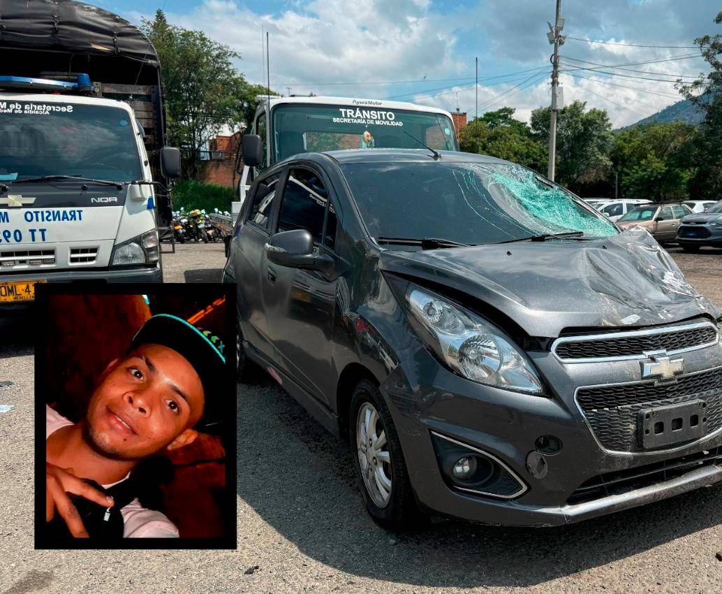 Este era el vehículo conducido por Diego Armando Castañeda Carvajal, de 26 años, que le provocó la muerte a Julián Andrés Carvajal Monzón (detalle), de 28 años, quien estaba trabajando en las reparaciones del metro en El Poblado. FOTOS: CORTESÍA