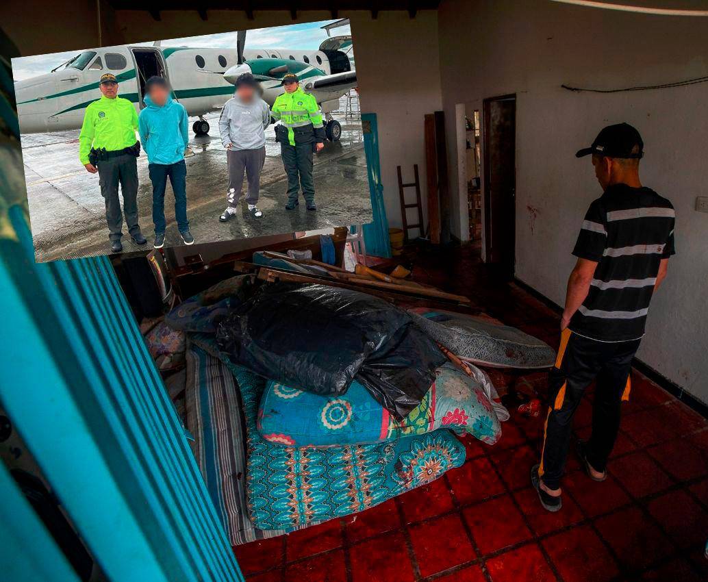 Dentro de esta vivienda de Rionegro ocurrió la masacre por la que fueron condenados alias Salchicha y alias Pipe (detalle), además de alias Camila, integrantes del grupo criminal El Mesa. FOTO: ESNEYDER GUTIÉRREZ CARDONA Y CORTESÍA POLICÍA NACIONAL