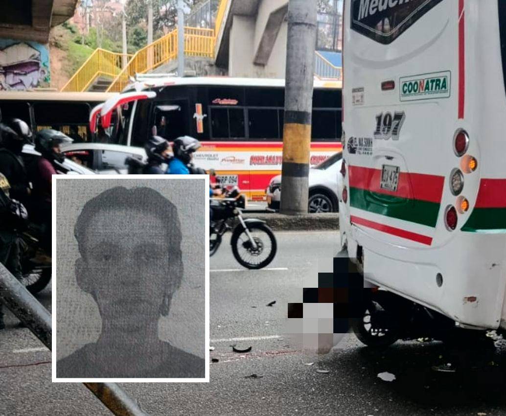 El motociclista, identificado como Dany Dubán Hoyos Oquendo (detalle), de 25 años, quedó atrapado en la parte trasera del bus que cubría la ruta Copacabana-Medellín y tuvo que ser rescatado por personal del Cuerpo de Bomberos de Medellín. FOTO: CORTESÍA