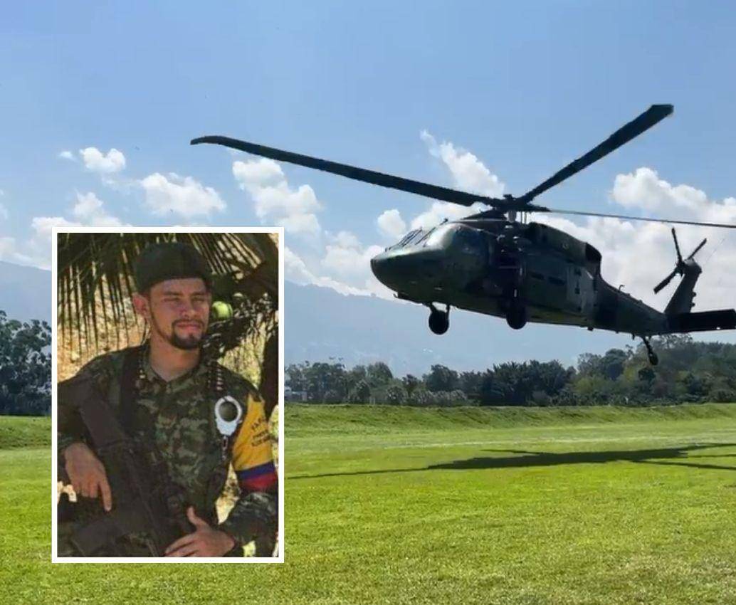 El Ejército, en helicóptero transportó a los dos capturados en el operativo contra alias Primo Gay (detalle) que se realizó en Briceño, Antioquia. FOTOS: CORTESÍA