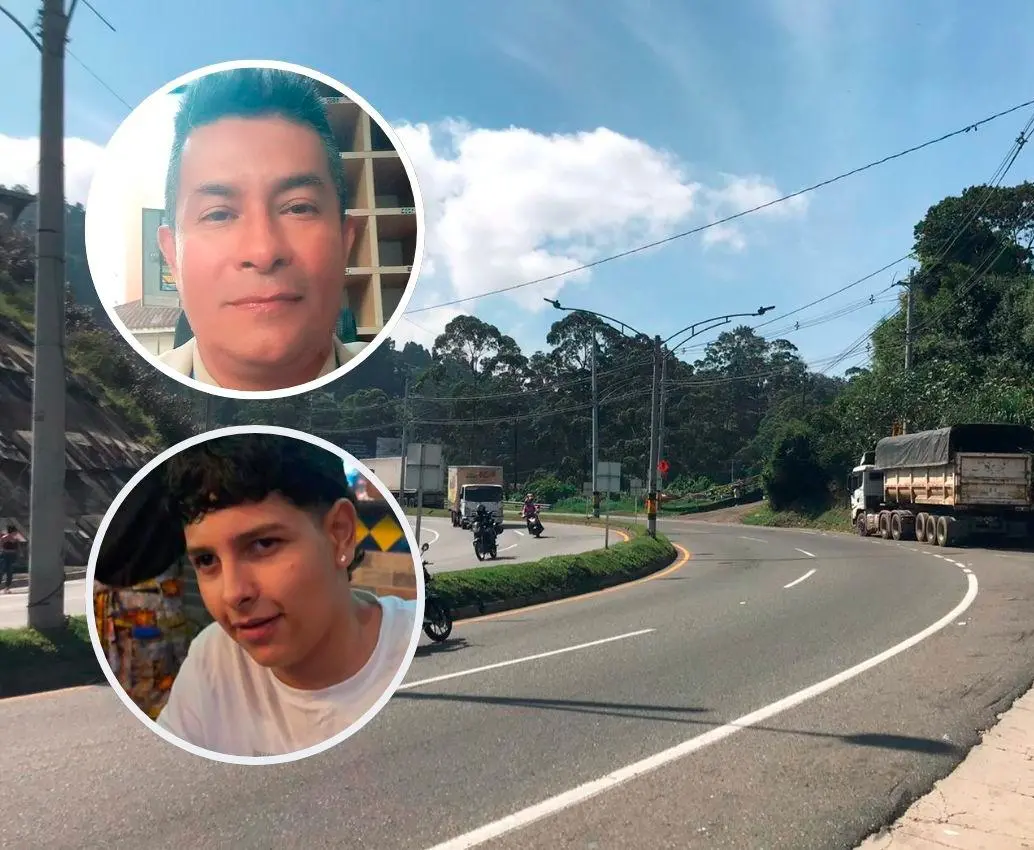 Estiben Alberto López Villa (arriba), de 32 años, y Mateo Cárdenas Arboleda (abajo), quien había cumplido los 18 años hace una semana, fueron baleados en este punto de la variante a Caldas, en jurisdicción de La Estrella. FOTO: LAURA ROSA JIMÉNEZ VALENCIA Y CORTESÍA