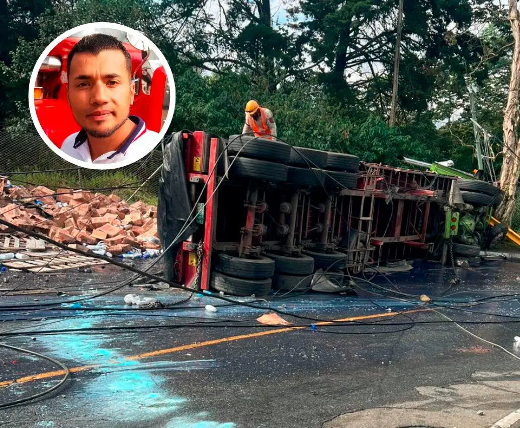 Alejandro Riaño Díaz (detalle), de 34 años, era el conductor de este tractocamión, que se volcó en la Loma de los Balsos, en Medellín, luego de desviarse de la autopista Medellín-Bogotá por un cierre. FOTOS: Cortesía
